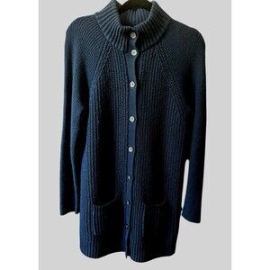 Lands’ End Womens Navy Blue Cable Knit Wool Blend Button Front Long Cardigan  M